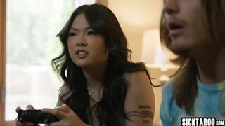 Oriental cutie drank large ramrod and hawt teen enjoyed hardcore trio sex after fellatio