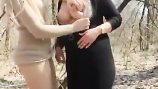 Two Russian girls are walking through the woods masturbate
