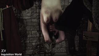 Mooin Witch – The exhausted milkmaid is pulled upside down to the ceiling with weights at her wrists to be tormented and interrogated further and to watch milk flowing (preview)