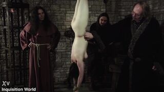 Mooin Witch – The exhausted milkmaid is pulled upside down to the ceiling with weights at her wrists to be tormented and interrogated further and to watch milk flowing (preview)
