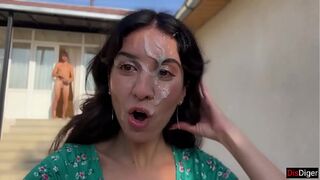 Triple Cum on Face for Village Wench - Public Cumwalk