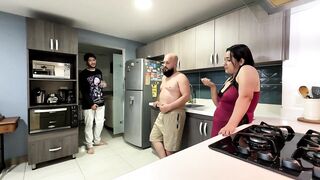 My boyfriend leaves and his ally warms me up and bangs me in the kitchen until this chab gives me his milk inside me