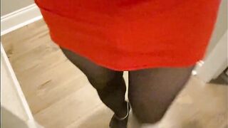 Mama Crossdresser Madison dressing in hot outfits with haunch high pantyhose nylons and heels and walks around showing off teasing