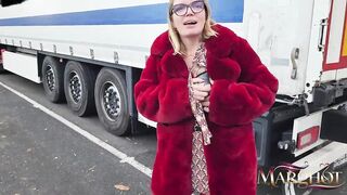 A mother shows her bazookas to truckers and gets banged in their truck.