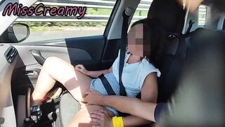Student Masturbates teacher's soaked twat in car whilst driving on highway Squirting hard with cum - Bizarre Risky public sex