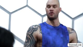 Wicked large boobs TS anal screwed in the gym!