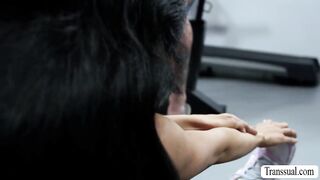 Wicked large boobs TS anal screwed in the gym!