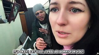 Cutie blogger helps a homeless chap by having sex on camera