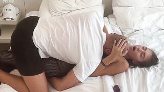 Sexy Brunette hair hottie in bikini banging her photographer in backstage after photoshoot