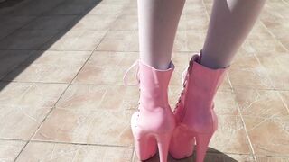 Laura on Heels model step sister has to walk on platform pink heels, hose and a microskirt