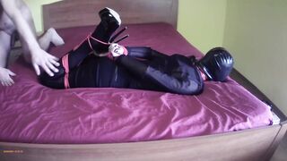 Laura on Heels model step sister fastened on couch and blindfolded expecting for to be throated and drilled