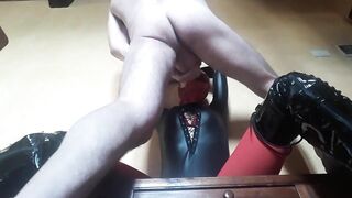 Laura On Heels wears leather body, boots over the knees and hose. Coarse fellatio creampie