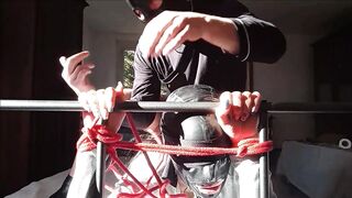 Fastened in a couch I've all my holes roughly banged by a large rod front view PREVIEW