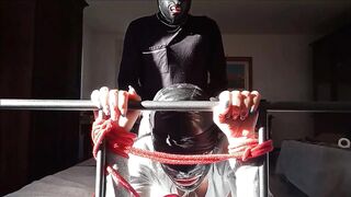 Fastened in a couch I've all my holes roughly banged by a large rod front view PREVIEW