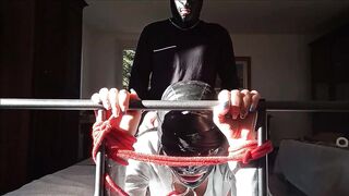 Fastened in a couch I've all my holes roughly banged by a large rod front view PREVIEW