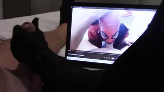 Gift to my massive fan: tugjob in gloves, during the time that is watching one of my episodes, with jizz flow