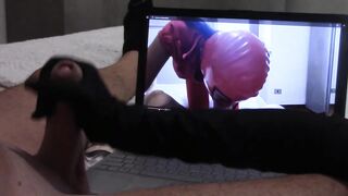 Gift to my massive fan: tugjob in gloves, during the time that is watching one of my episodes, with jizz flow
