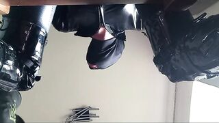 Chairtied, hooded, ballgagged and ring gagged I get to suck until this guy cums