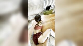 Fit gym beauty gets screwed POV doggy position on kitchen table in knee high socks