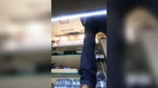 Silly hostess working in mini petticoat during winter