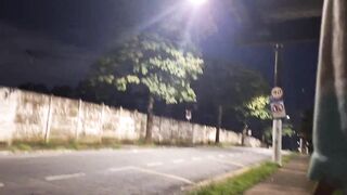 Risky masturbation with a glamorous redhead at the bus stop!