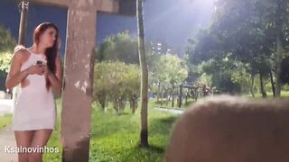 Risky masturbation with a glamorous redhead at the bus stop!