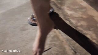 Risky masturbation with a glamorous redhead at the bus stop!