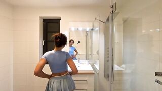 Braless large breasts Oriental cosplayer in her hawt flirty short mini petticoat flashes her pants previous to taking 'em off