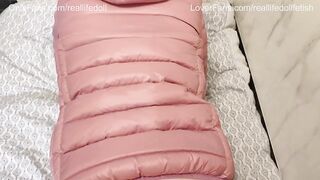 POV banging in pink down jacket and hunter boots