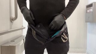 Latex gloves dick jerking off public restroom creamy load relief