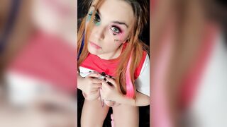 Harley Quinn cosplay gagged drooling saliva nipp clamps