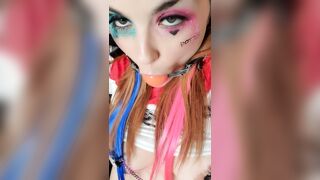 Harley Quinn cosplay gagged drooling saliva nipp clamps