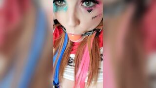 Harley Quinn cosplay gagged drooling saliva nipp clamps