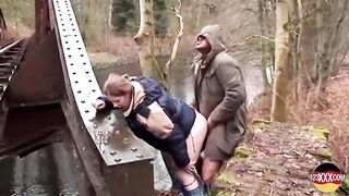 Cute Brunette hair Doesn't Mind Sucking and Screwing in the Rain