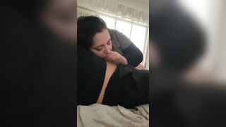 big beautiful woman watches tv and sucks a knob