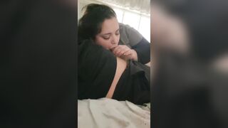 big beautiful woman watches tv and sucks a knob