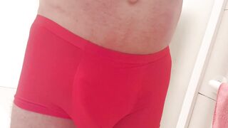Red taut underclothes pissing in the shower