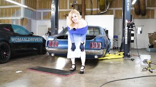 ASMR: Breasty Golden-haired Checks Car in Transparent Costume showing her BUTT