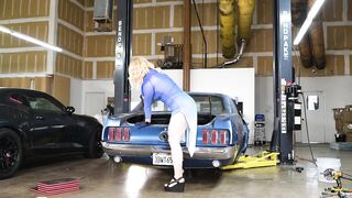 ASMR: Breasty Golden-haired Checks Car in Transparent Costume showing her BUTT