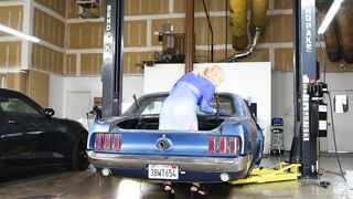 ASMR: Breasty Golden-haired Checks Car in Transparent Costume showing her BUTT