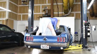 ASMR: Breasty Golden-haired Checks Car in Transparent Costume showing her BUTT