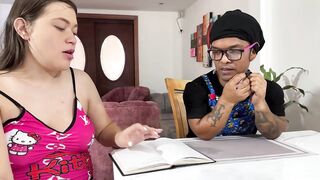 Little dwarf gets drilled by his preggo Latin babe stepsister in swap for helping her with her homework, ends up having coarse sex with her hard, thick dick in his constricted booty until that guy fills it with his rich sperm.