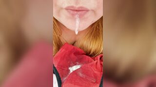 Woman Salivating Excessively on Her Pants, Close-Up