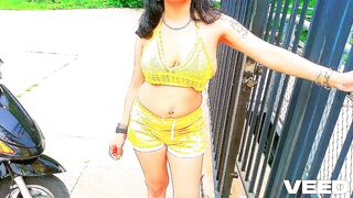 PUBLIC SOLO FEMALE PORNSTAR COSPLAY ALL YELLOW BOXER SHORTS BARE WALKING