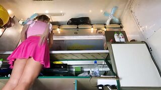 Super hot youthful wench with consummate legs upskirted at work on a hawt summer day