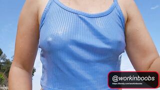 Flash Melons Walking Topless and Showering on Beach