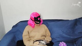 Indulge in my large natural titties masturbating beneath my snatch mask