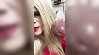 Lustful Crossdresser squirts on a sex tool hands free then sucks it talks indecent to the camera