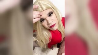 Lustful Crossdresser squirts on a sex tool hands free then sucks it talks indecent to the camera