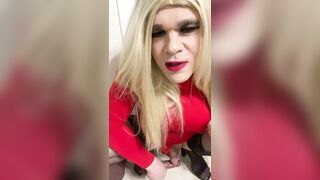 Lustful Crossdresser squirts on a sex tool hands free then sucks it talks indecent to the camera